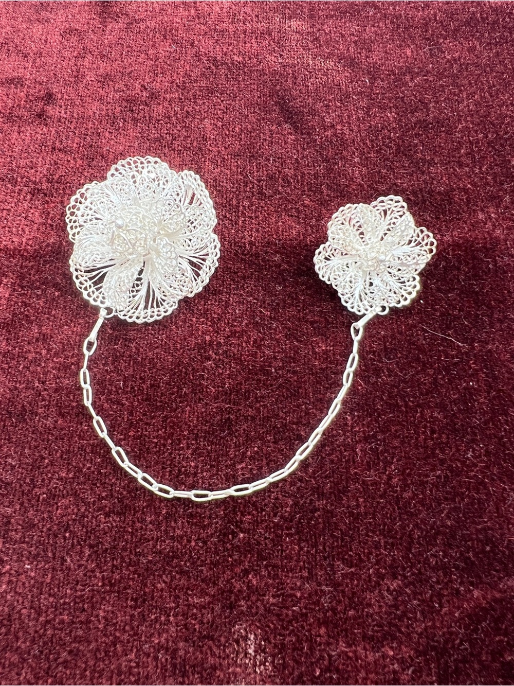 Vintage Silver Filigree Double Flower Sweater Guard Brooch 🌸